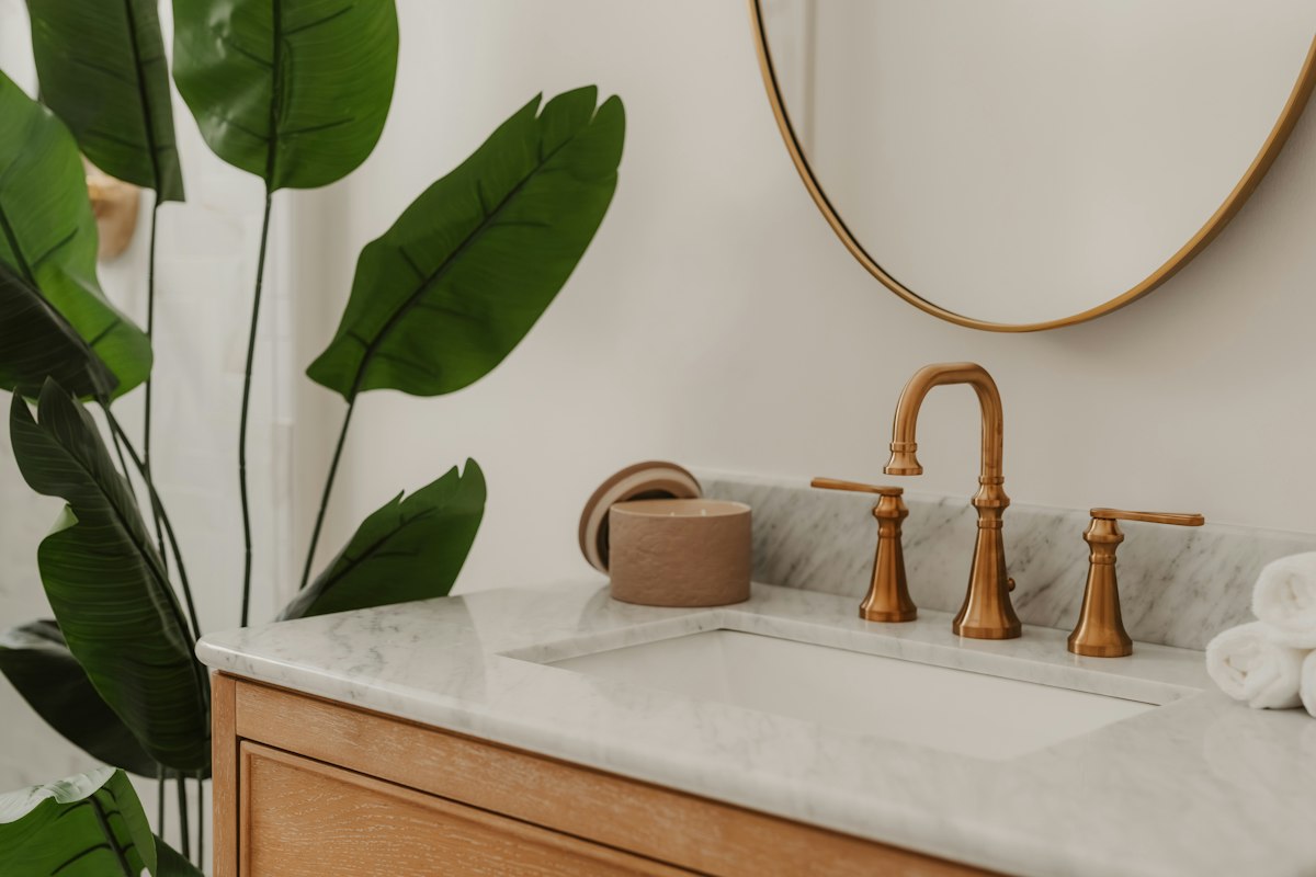 Illustrative bathroom sink with brass faucet and green plant